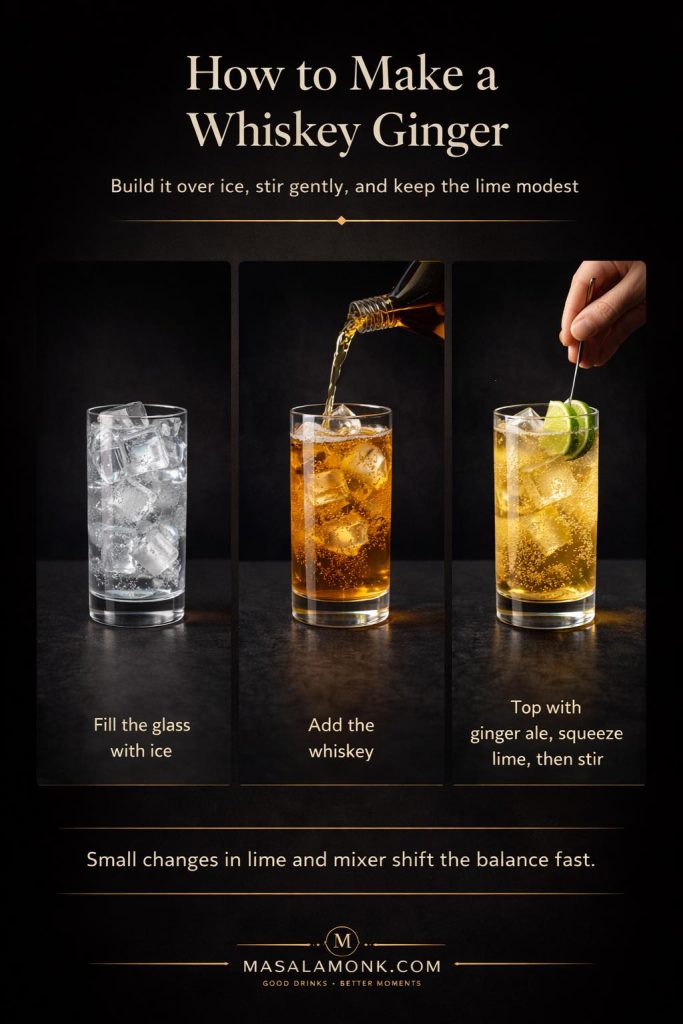 Step-by-step whiskey ginger method board showing a tall highball glass filled with ice, whiskey being added, and ginger ale topped with lime before a gentle stir.