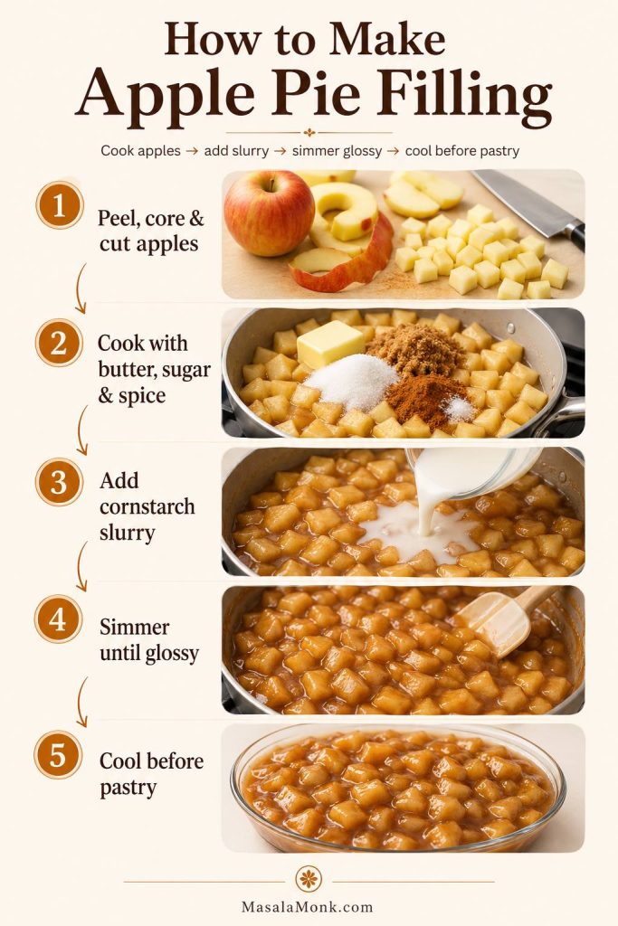 Five-step apple pie filling board showing apples cut, cooked with butter, sugar and spice, thickened with slurry, simmered until glossy, and cooled before pastry.