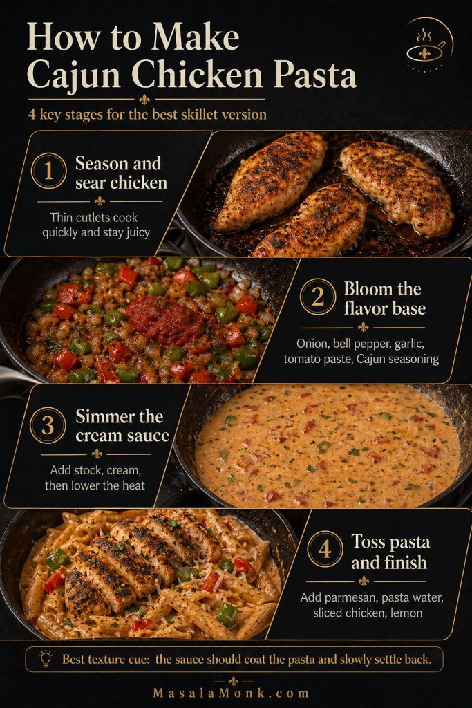 Step-by-step guide for Cajun chicken pasta showing seared chicken, Cajun flavor base, cream sauce, and finished pasta with parmesan and pasta water.