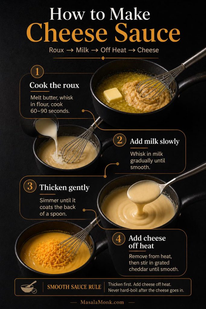 Step-by-step guide showing how to make cheese sauce by melting butter, whisking in flour, adding milk and stirring in cheddar.