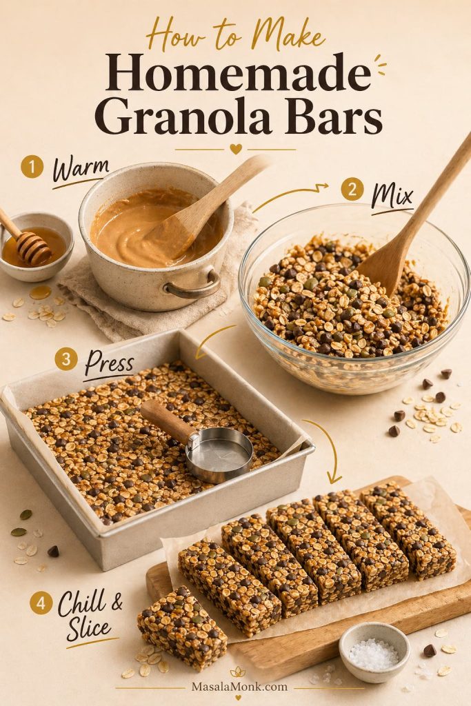 Step-by-step guide showing homemade granola bars being warmed, mixed, pressed into a pan, chilled, and sliced.