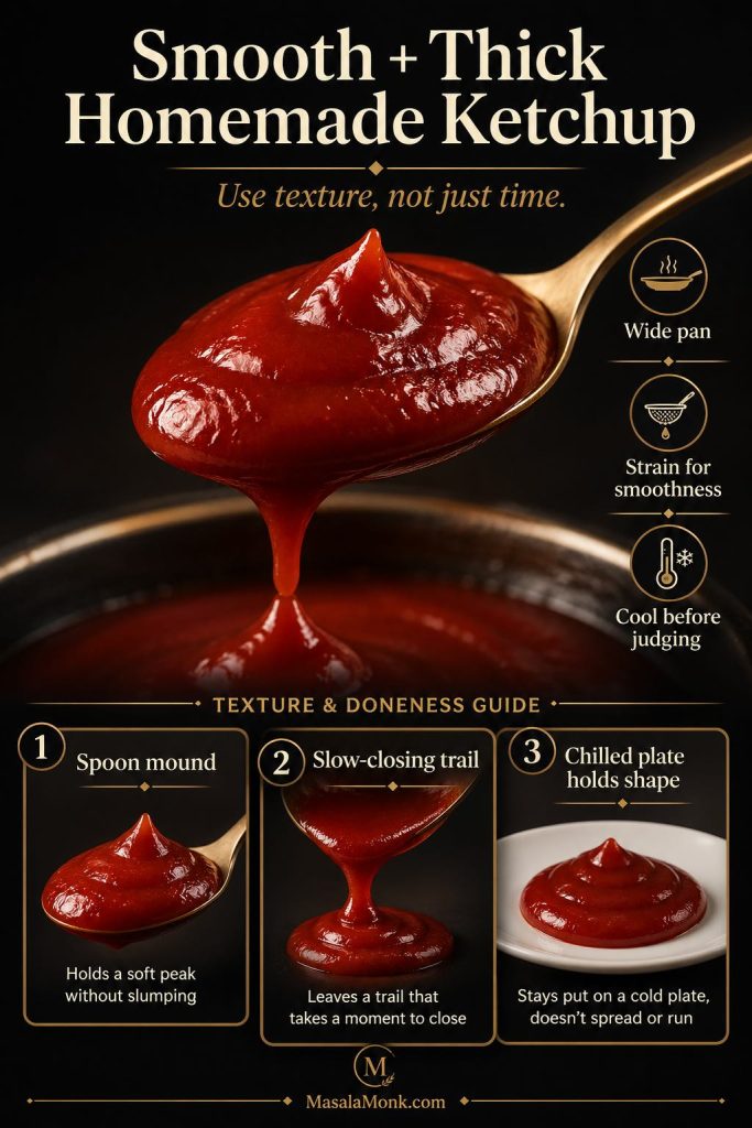 Texture guide for homemade ketchup showing a spoon mound test, slow-closing trail test, and chilled plate test.