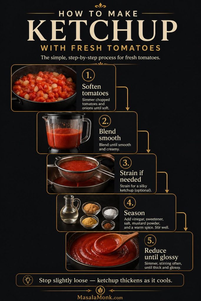 Step-by-step guide showing how to make homemade ketchup with fresh tomatoes by softening, blending, straining, seasoning, and reducing.