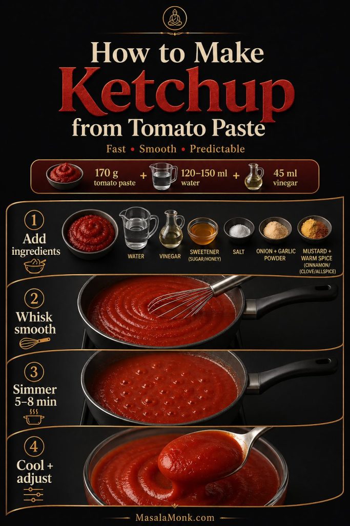 Step-by-step guide showing how to make ketchup from tomato paste with water, vinegar, sweetener, salt, onion powder, garlic powder, mustard, and warm spice.