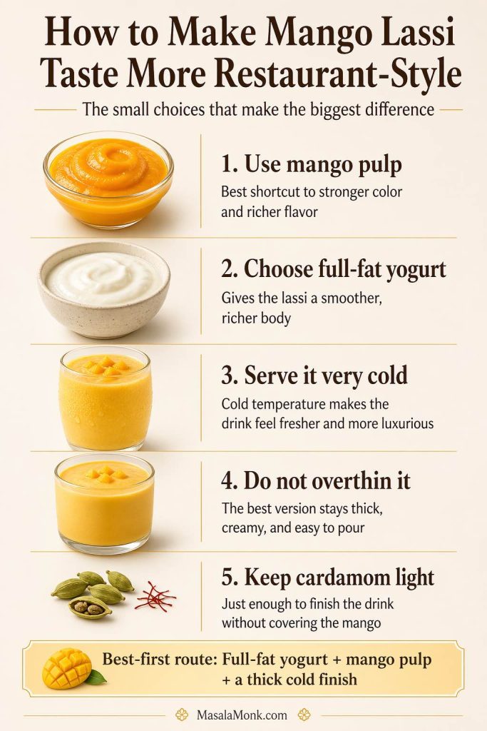 Guide showing how to make mango lassi taste more restaurant-style with mango pulp, full-fat yogurt, a thick cold finish, and light cardamom.