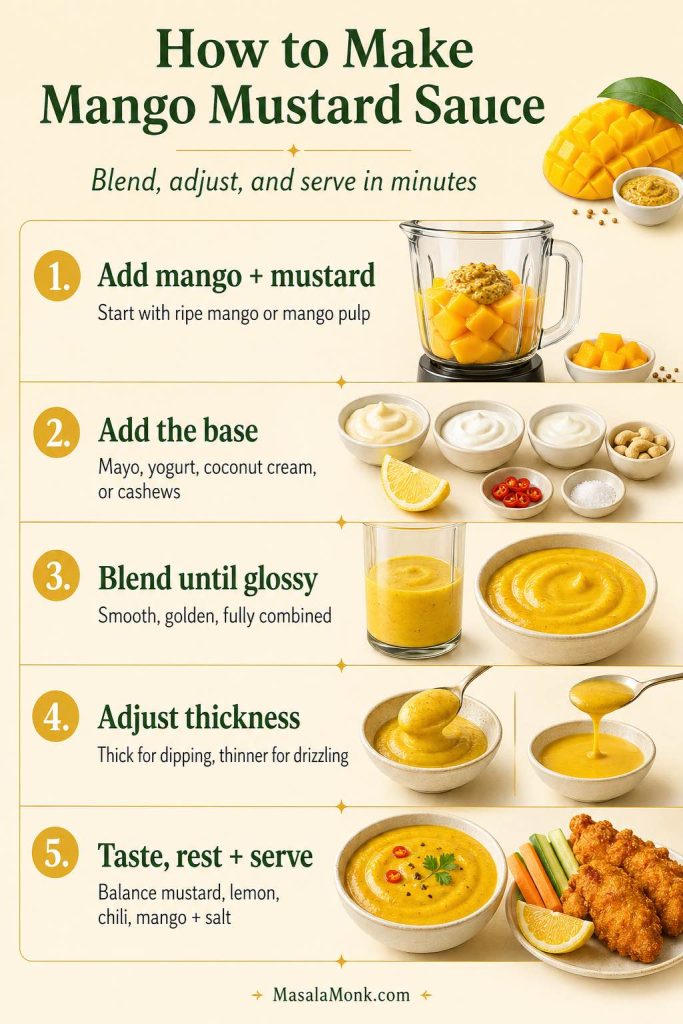 Step-by-step guide showing how to make mango mustard sauce in a blender by adding mango and mustard, adding a creamy base, blending, adjusting thickness, and serving.