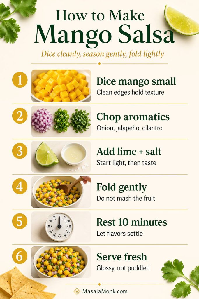 Step-by-step mango salsa recipe guide showing diced mango, chopped onion, jalapeño and cilantro, lime and salt, gentle folding, resting, and finished salsa.