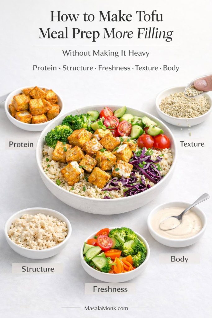 Guide to making tofu meal prep more filling without making it heavy, showing protein, structure, freshness, texture, and body with tofu, grains, vegetables, hemp seeds, and sauce.