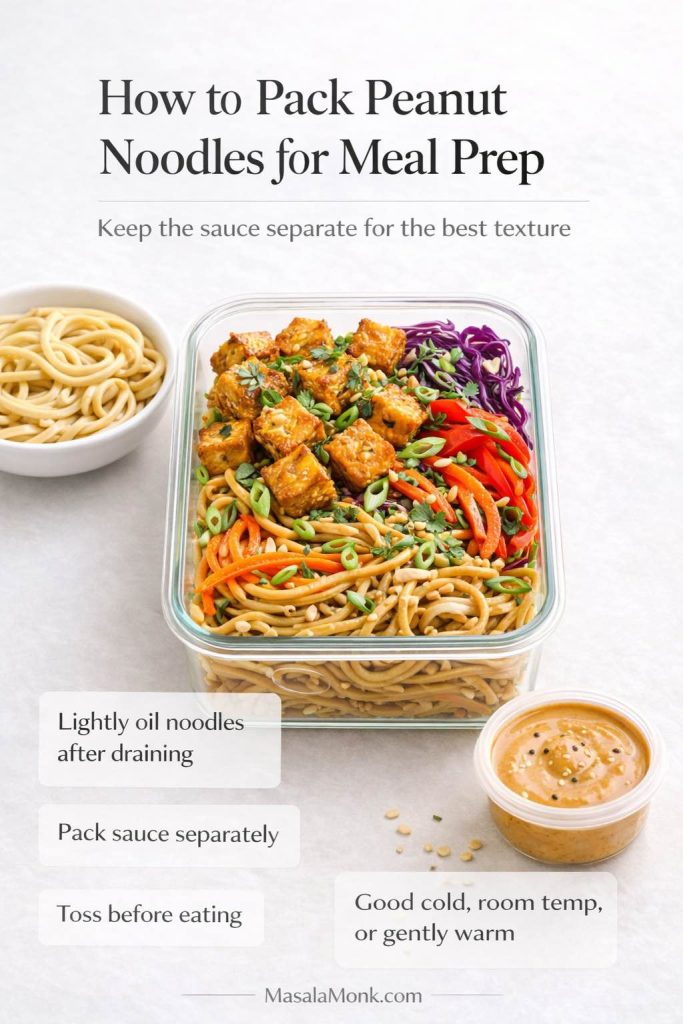 How to pack peanut noodles for meal prep guide showing noodles, crispy tofu, vegetables, and peanut sauce packed separately for better texture.