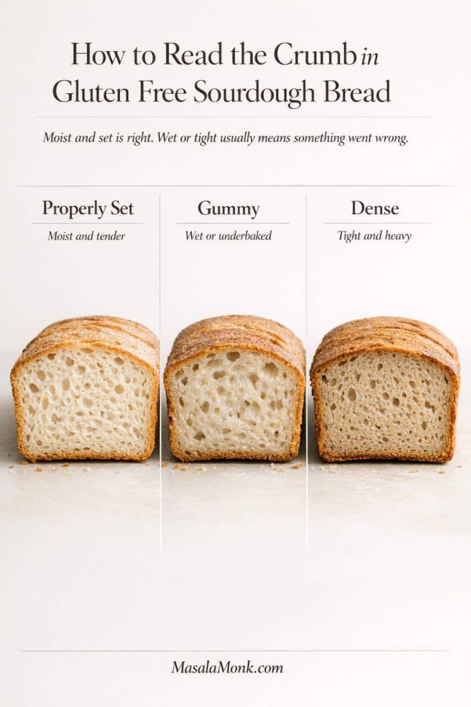 Crumb guide for gluten free sourdough bread comparing a properly set loaf, a gummy underbaked loaf, and a dense tight loaf.