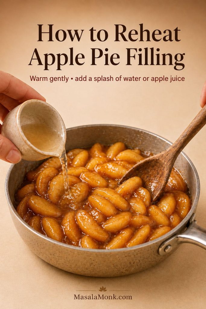 Apple pie filling reheated gently in a pan with a splash of water or apple juice.