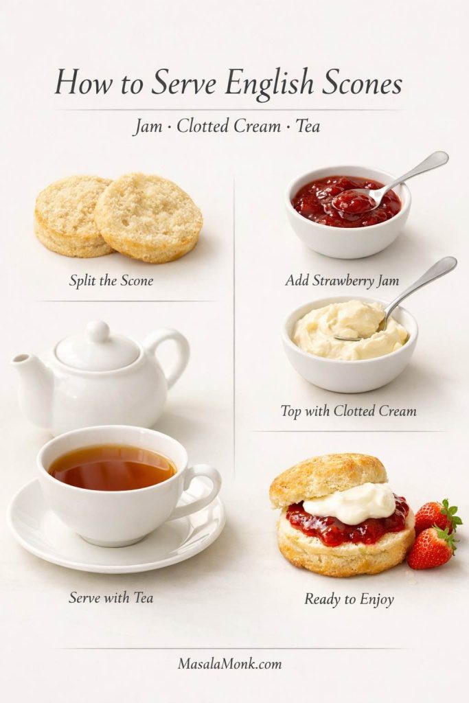 Serving guide for English scones showing how to split the scone, add strawberry jam, top with clotted cream, and serve with tea.