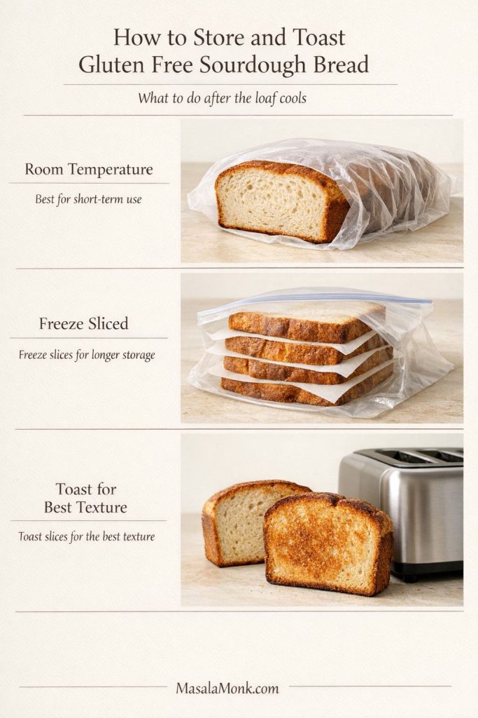 Storage guide for gluten free sourdough bread showing room-temperature storage, freezing sliced bread, and toasting for best texture.