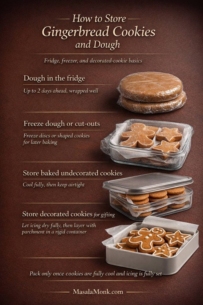 Storage guide for gingerbread cookies and dough showing how to refrigerate dough, freeze cut-outs, store baked cookies airtight, and pack decorated cookies for gifting.
