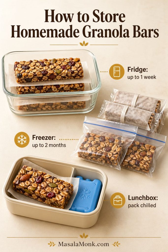 Storage guide for homemade granola bars showing fridge storage for up to 1 week, freezer storage for up to 2 months, and packing chilled bars for lunchboxes.