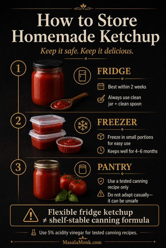 Storage guide for homemade ketchup showing fridge storage, freezer storage, and tested canning safety information.