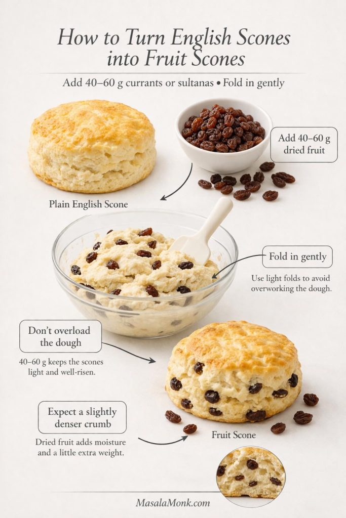 Variation guide showing how to turn English scones into fruit scones with currants or sultanas without overloading the dough.