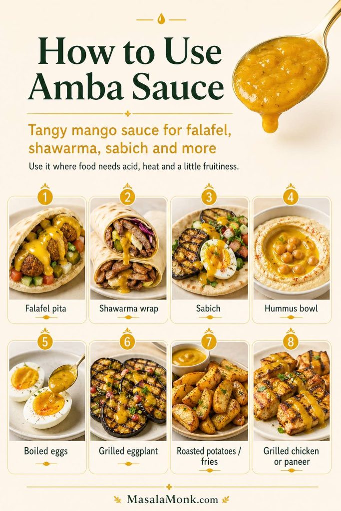 Guide showing how to use amba sauce with falafel pita, shawarma wrap, sabich, hummus, boiled eggs, grilled eggplant, roasted potatoes and grilled chicken or paneer.