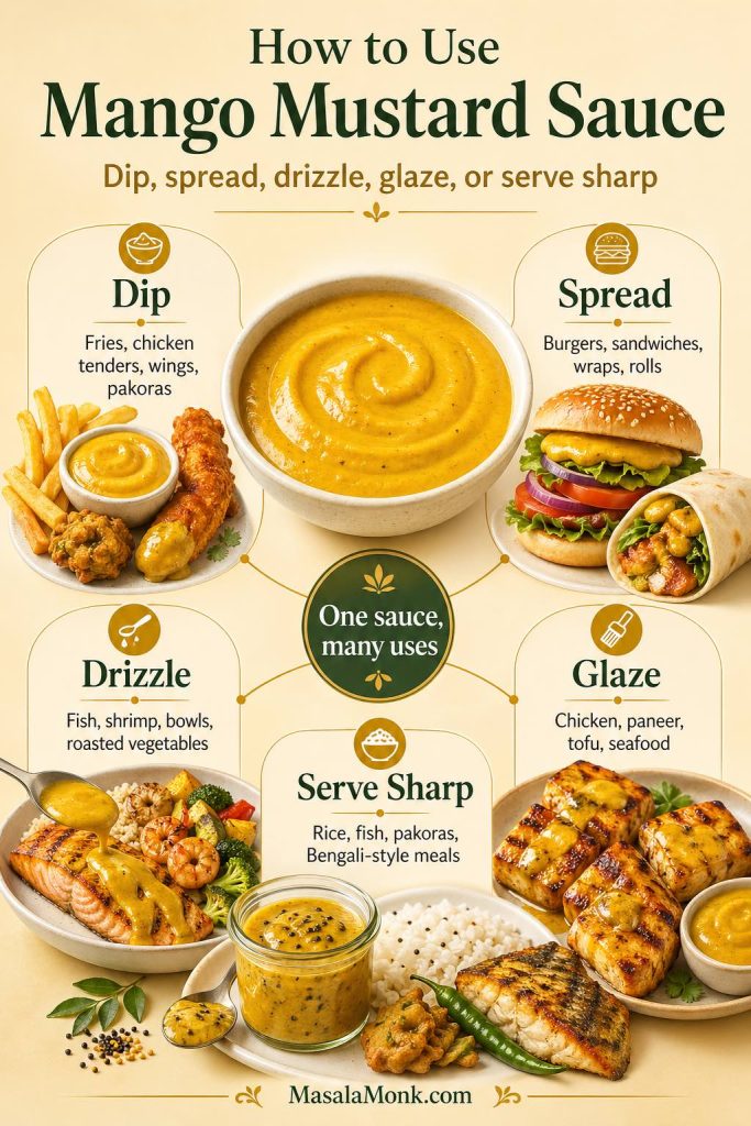 Guide showing how to use mango mustard sauce as a dip, spread, drizzle, glaze, or sharper sauce with fries, chicken, burgers, fish, shrimp, paneer, rice, and pakoras.