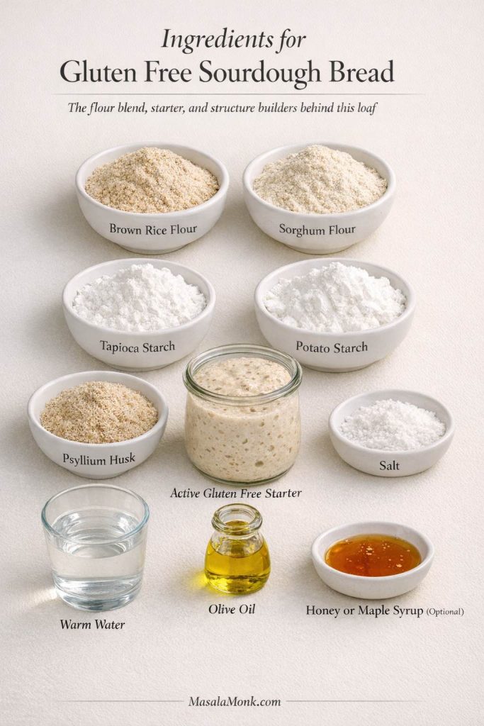 Labeled ingredients for gluten free sourdough bread including brown rice flour, sorghum flour, tapioca starch, potato starch, psyllium husk, starter, salt, water, olive oil, and honey.