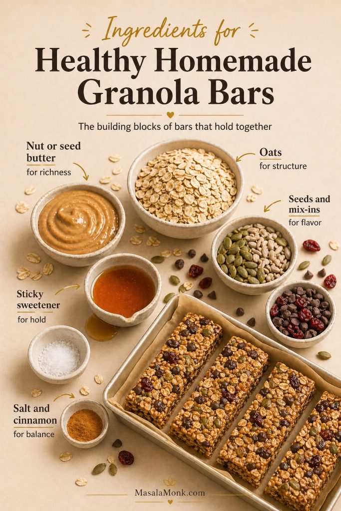 Ingredient guide for healthy homemade granola bars showing oats, nut or seed butter, sticky sweetener, seeds, mix-ins, salt, cinnamon, and sliced bars in a pan.