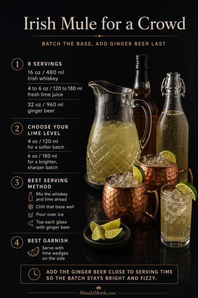 Irish mule for a crowd guide showing an 8-serving batch with Irish whiskey, lime juice, and ginger beer amounts, plus advice to batch the base, choose the lime level, and add ginger beer close to serving time.