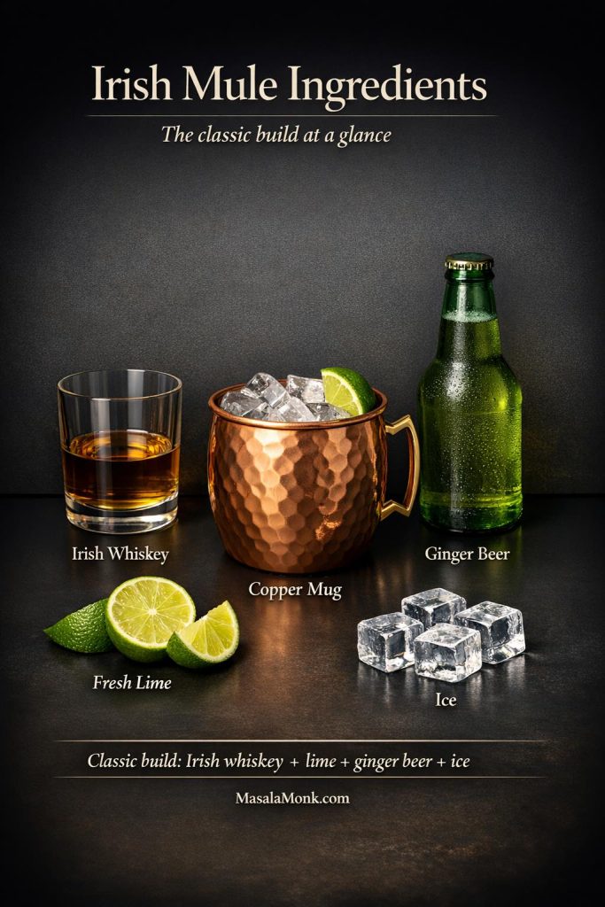 Irish mule ingredients guide showing Irish whiskey, ginger beer, fresh lime, ice, and a copper mug for the classic build at a glance.
