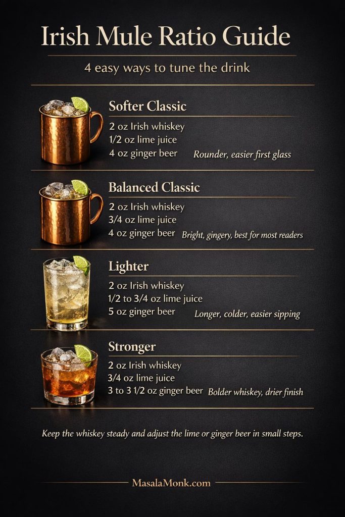 Irish mule ratio guide showing four versions: softer classic, balanced classic, lighter, and stronger, with Irish whiskey, lime juice, and ginger beer measurements plus short tasting notes.