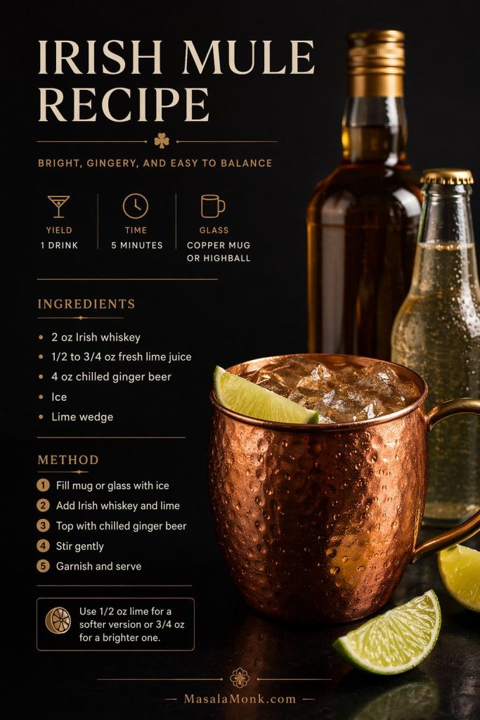 Irish mule recipe card showing a finished drink in a copper mug with Irish whiskey and ginger beer bottles in the background, plus ingredients, quick method, yield, time, and glassware.