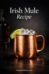 Irish mule recipe in a chilled copper mug with ice and lime on a dark background
