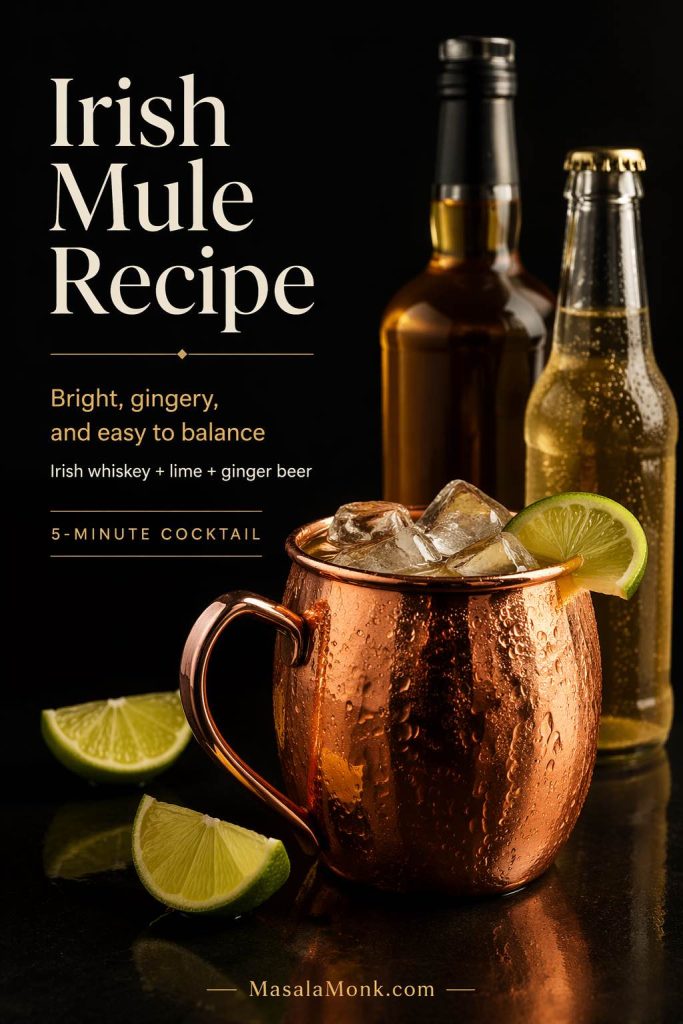 Promotional Irish mule recipe image showing a finished copper mug cocktail with lime wedges, an Irish whiskey bottle, a ginger beer bottle, and text overlay reading Irish Mule Recipe, bright, gingery, and easy to balance, and 5-minute cocktail.