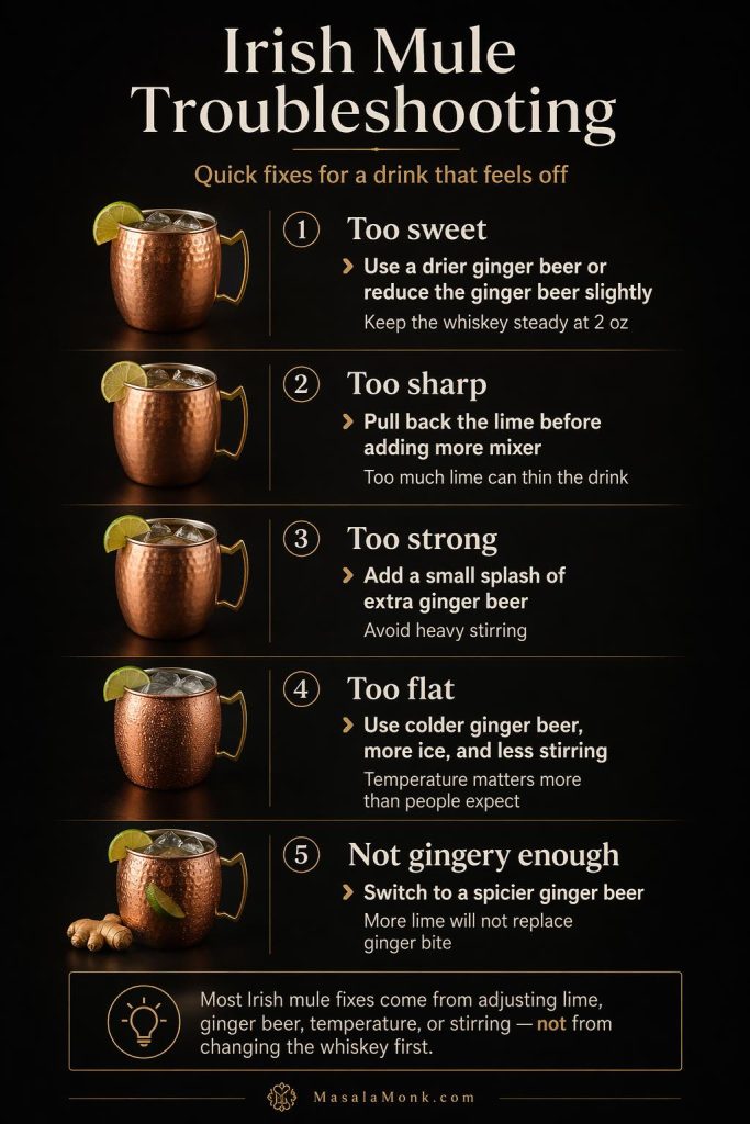 Irish mule troubleshooting guide with quick fixes for a drink that is too sweet, too sharp, too strong, too flat, or not gingery enough.