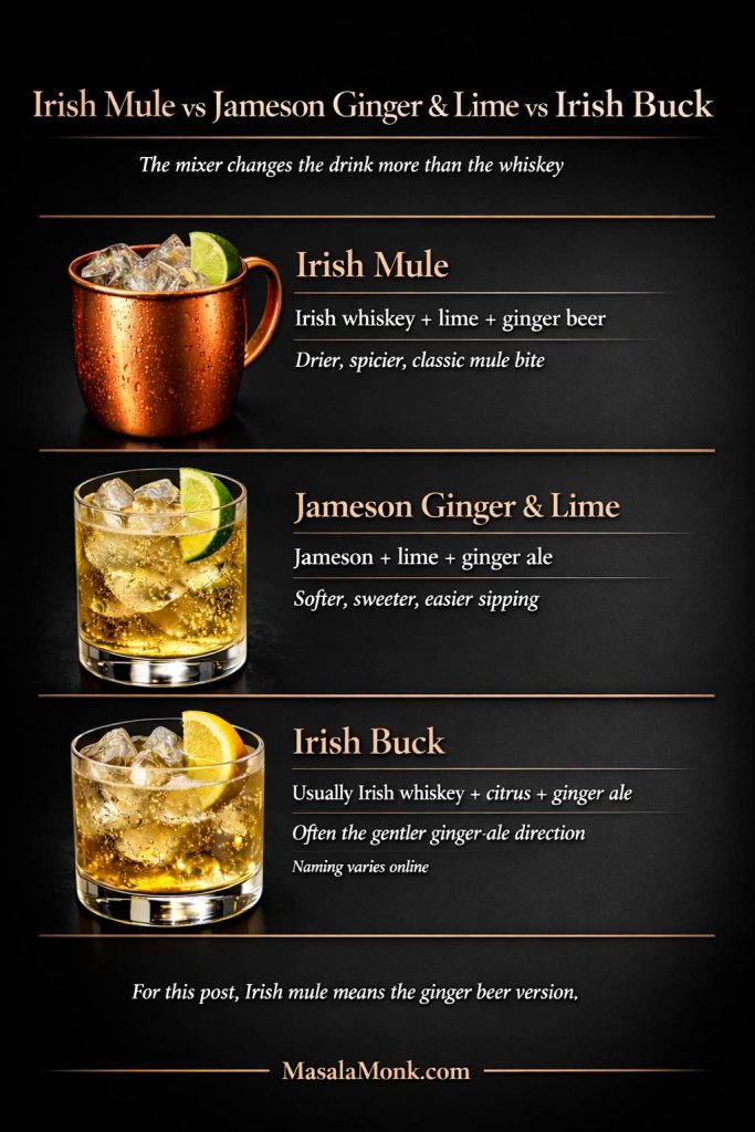 Comparison guide showing the difference between an Irish mule, Jameson Ginger & Lime, and an Irish Buck. The Irish mule uses Irish whiskey, lime, and ginger beer for a drier, spicier mule-style drink. Jameson Ginger & Lime uses ginger ale for a softer, sweeter drink. Irish Buck usually uses Irish whiskey, citrus, and ginger ale, with naming that varies online.