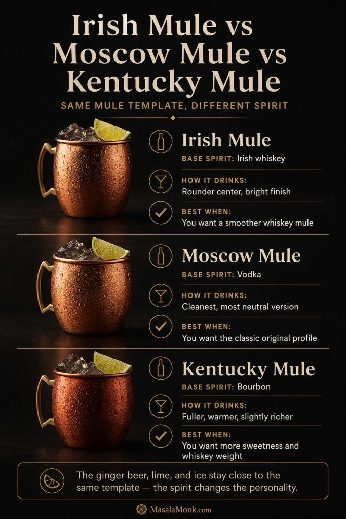 Comparison guide showing the differences between an Irish mule, Moscow mule, and Kentucky mule, including base spirit, how each one drinks, and when to choose each version.
