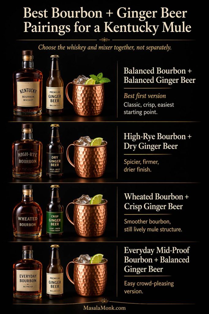 Kentucky mule pairing guide showing four bourbon and ginger beer combinations: balanced bourbon with balanced ginger beer, high-rye bourbon with dry ginger beer, wheated bourbon with crisp ginger beer, and everyday mid-proof bourbon with balanced ginger beer.