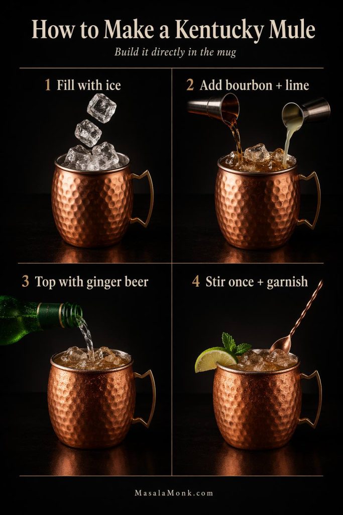 Four-panel Kentucky mule step-by-step guide showing a copper mug filled with ice, bourbon and lime being added, ginger beer poured in, and the finished drink stirred once and garnished with lime and mint.