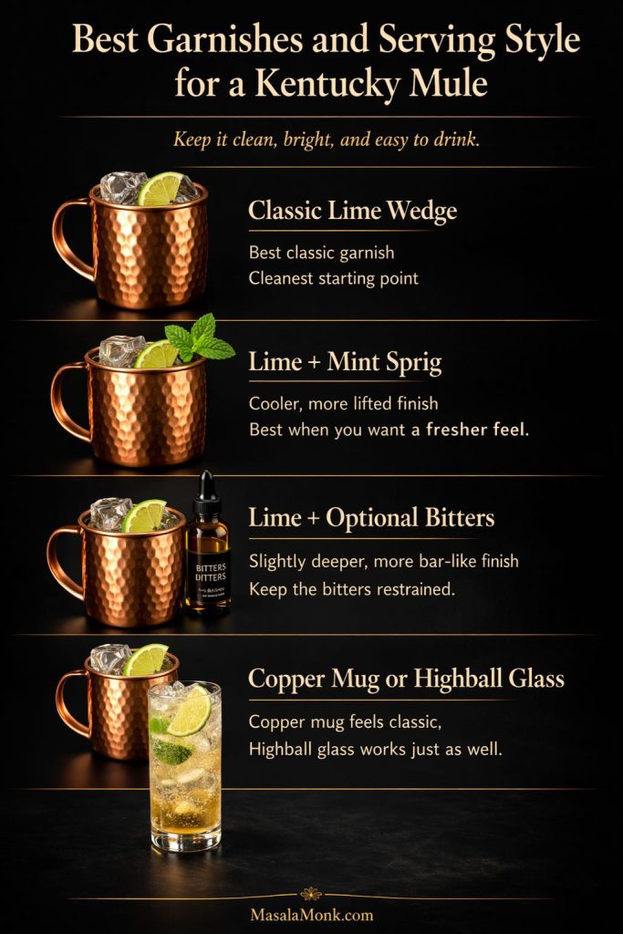 Kentucky mule garnish and serving guide showing four options: classic lime wedge, lime with mint sprig, lime with optional bitters, and serving the drink in either a copper mug or a highball glass.