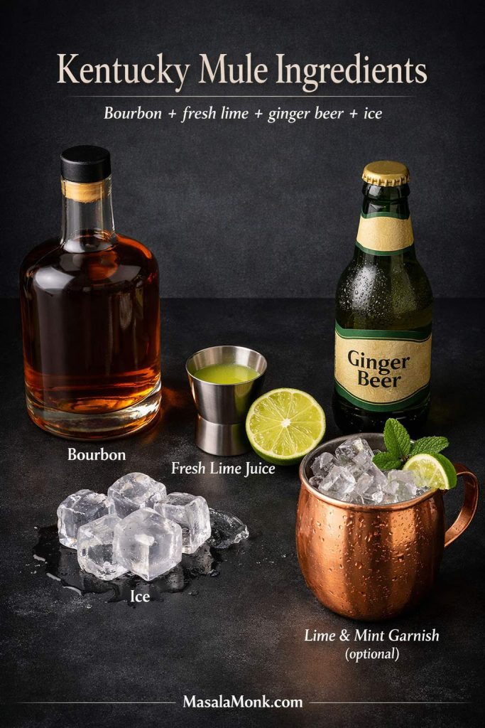 Labeled Kentucky mule ingredients guide showing bourbon, fresh lime juice, ginger beer, ice, and a copper mug with optional lime and mint garnish on a dark editorial background.