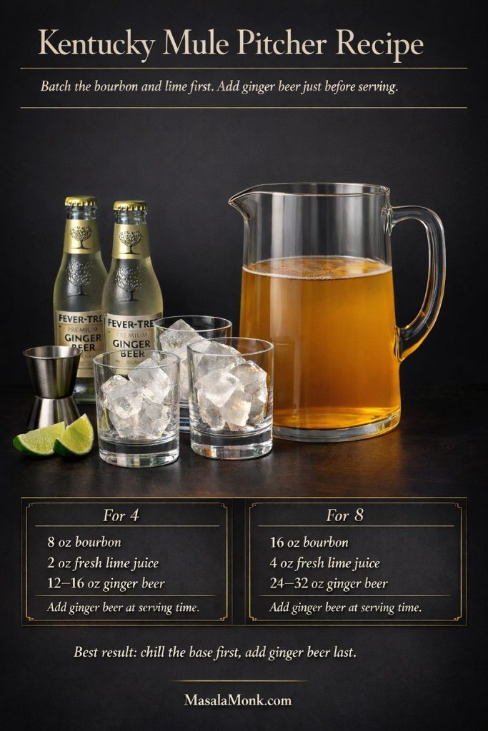 Kentucky mule pitcher recipe guide showing a chilled bourbon-and-lime base in a glass pitcher, ginger beer bottles kept separate, ice-filled serving glasses, and batch amounts for 4 and 8 servings.