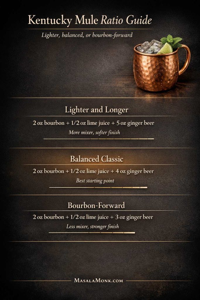 Kentucky mule ratio guide showing three builds: lighter and longer with 5 oz ginger beer, balanced classic with 4 oz ginger beer, and bourbon-forward with 3 oz ginger beer, plus one copper mug hero image on a dark editorial background.