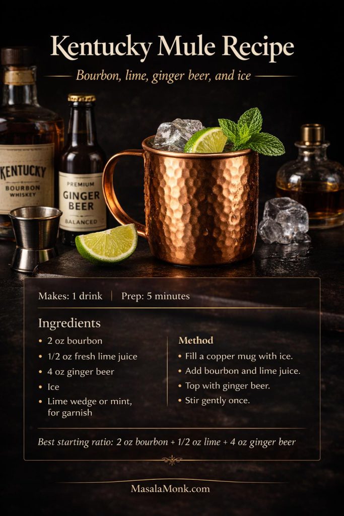 Kentucky mule recipe card image showing a finished bourbon mule in a hammered copper mug with lime, mint, ginger beer, and bourbon props, plus on-image ingredients and method for making the cocktail.