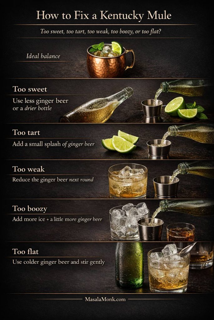 Kentucky mule troubleshooting guide showing how to fix a drink that is too sweet, too tart, too weak, too boozy, or too flat, using visual cues like ginger beer, lime, ice, and freshness adjustments on a dark editorial background.