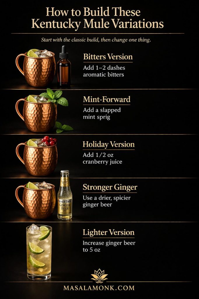 Kentucky mule variations build guide showing five easy recipe changes: bitters version, mint-forward version, holiday cranberry version, stronger ginger version, and a lighter version with more ginger beer.
