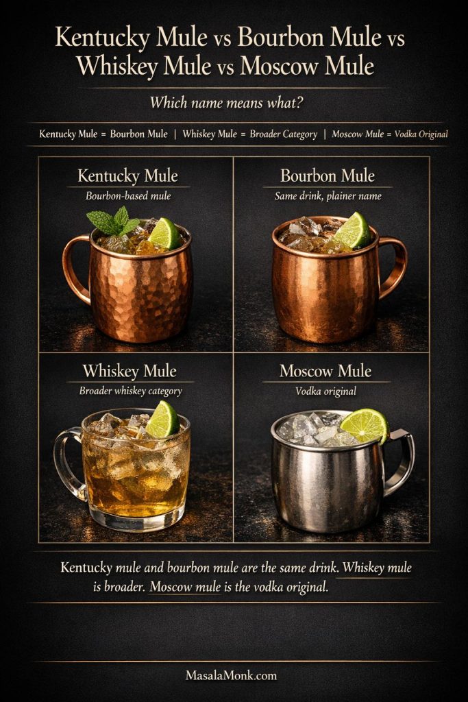Comparison guide showing Kentucky Mule and Bourbon Mule as the same bourbon-based mule, Whiskey Mule as the broader whiskey category, and Moscow Mule as the vodka original.