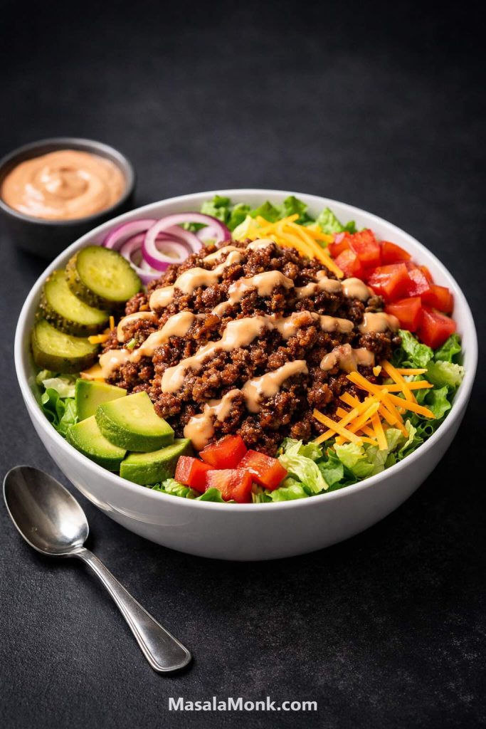 Keto burger bowl with browned ground beef, burger sauce, lettuce, pickles, red onion, cheddar, avocado, and tomato in a white bowl.
