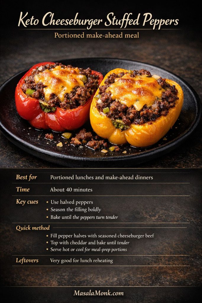 Keto cheeseburger stuffed peppers with seasoned beef and melted cheddar, shown as a mini recipe card for portioned make-ahead meals.