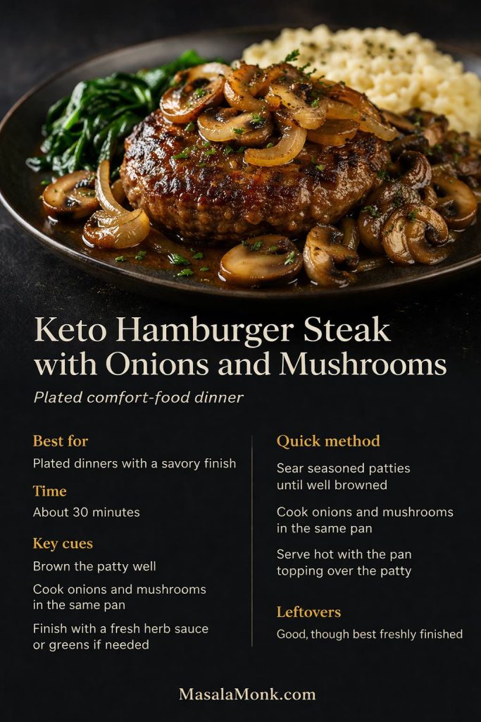 Keto hamburger steak with onions and mushrooms served as a plated comfort-food dinner, with a mini recipe card showing timing and key cues.