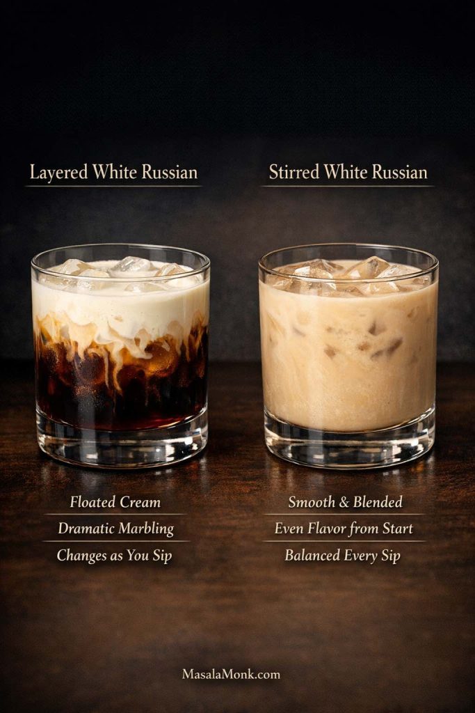Side-by-side White Russian comparison showing a layered White Russian with cream floated over the dark coffee-and-vodka base and a stirred White Russian with a smooth blended creamy appearance, illustrating the visual and flavor difference between layered and stirred White Russian serving styles.