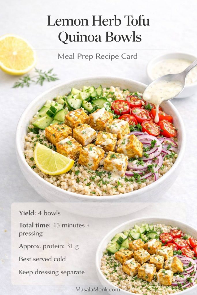Lemon herb tofu quinoa bowls recipe card showing quinoa, golden tofu, cucumber, cherry tomatoes, red onion, herbs, and creamy lemon dressing for cold tofu meal prep.
