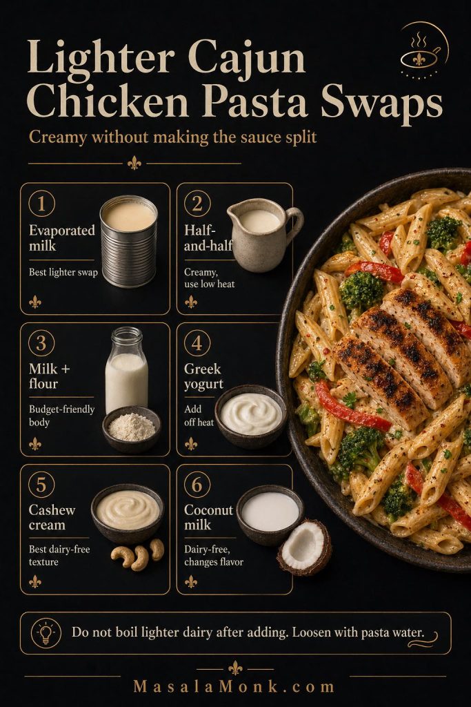 Lighter Cajun chicken pasta swaps guide showing evaporated milk, half-and-half, milk with flour, Greek yogurt, cashew cream, and coconut milk with low-heat tips.